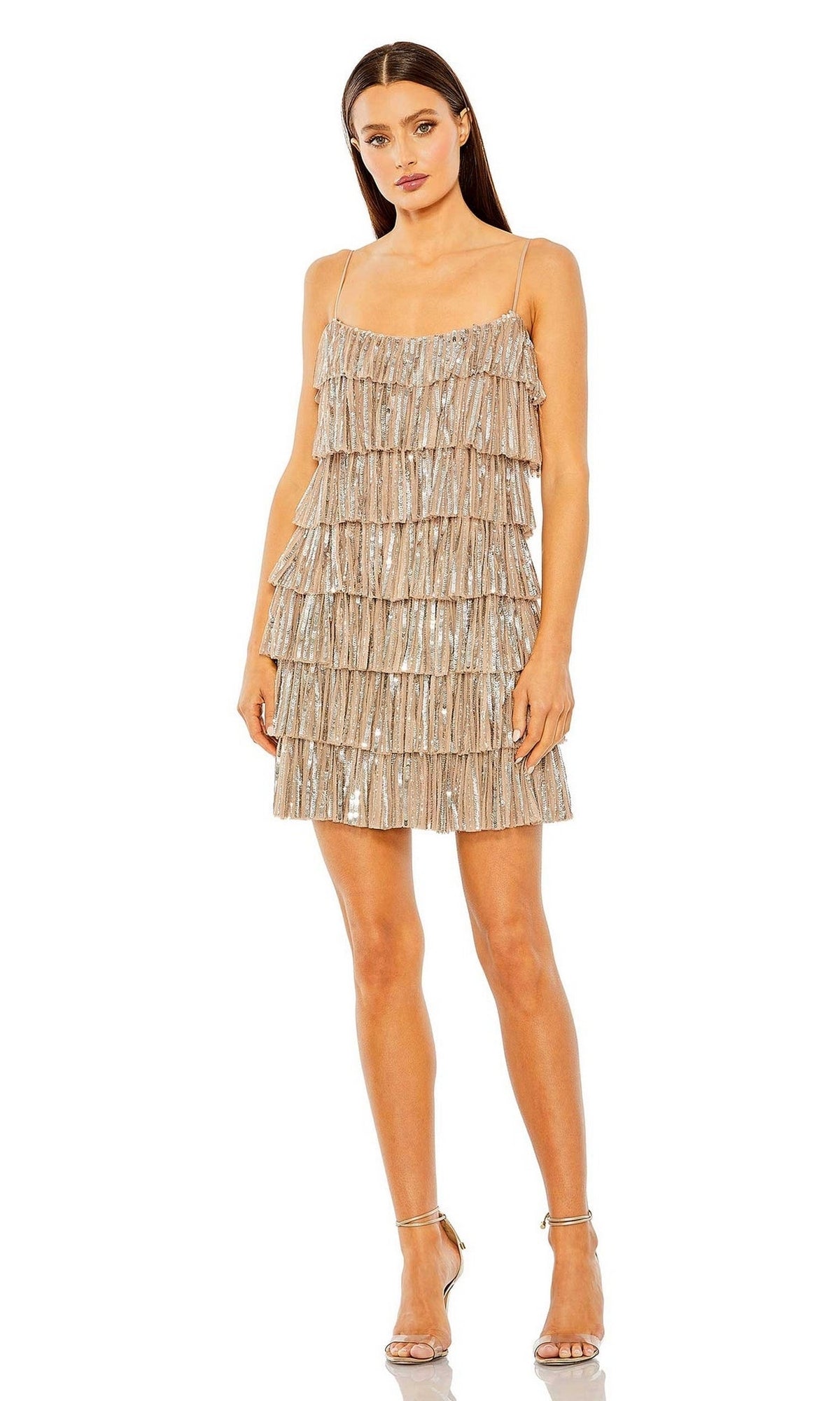 A woman stands wearing the Short Ruffled Semi-Formal Dress: Mac Duggal 23001 with strappy heels against a plain white background.